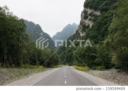 Scenic mountain road through Karmadon Gorge valley in the Caucasus Mountains 139589489