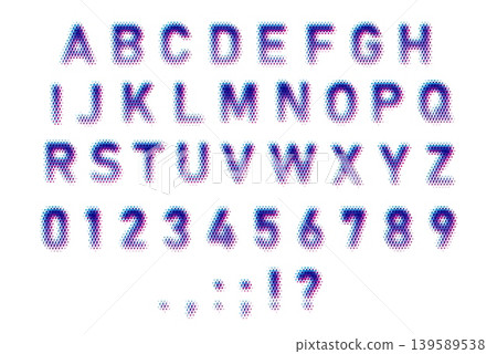 Uppercase letters of English alphabet and numbers, vector blue halftone dotted pattern effect typeface, retro pixel font Uppercase letters of English alphabet and numbers, vector blue halftone dotted pattern effect typeface, retro pixel font 139589538