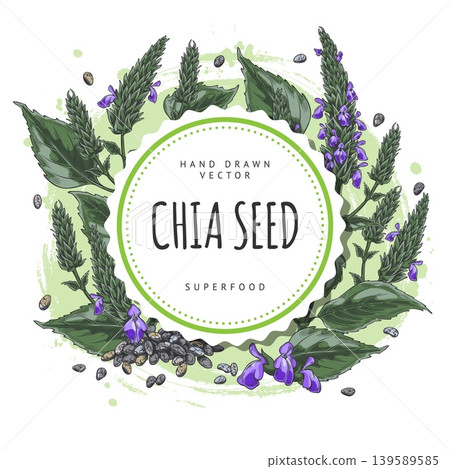 Chia plant with blue flowers and seeds sketch, vector hand drawn round label design, Salvia hispanica, superfood Chia plant with blue flowers and seeds sketch, vector hand drawn round label design, Salvia hispanica, superfood 139589585