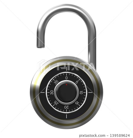 An open combination padlock with a rotating disc and shackle. An open combination padlock with a rotating disc and shackle. 139589624