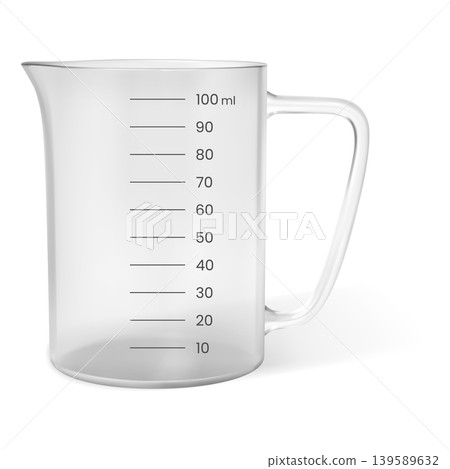 A realistic, empty, transparent 100 ml measuring cup with a clear graduation, spout, and handle. 139589632