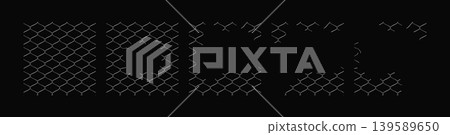 Wire net fence vector realistic illustrations set, steel chain link fence with torn metal and broken wire grid on black Wire net fence vector realistic illustrations set, steel chain link fence with torn metal and broken wire grid on black 139589650
