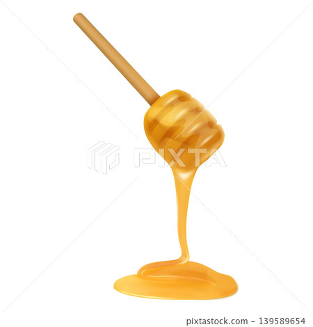 Honey dipper drop 3D realistic vector illustration, natural bee honey syrup on wooden spoon, dripping sweet nectar Honey dipper drop 3D realistic vector illustration, natural bee honey syrup on wooden spoon, dripping sweet nectar 139589654