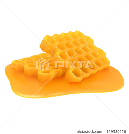 Realistic honeycomb in a pool of liquid golden syrup. Realistic honeycomb in a pool of liquid golden syrup. 139589656