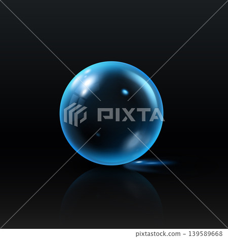 Realistic vector 3D blue glass ball with glares, volume crystal bubble transparent sphere with reflection on black Realistic vector 3D blue glass ball with glares, volume crystal bubble transparent sphere with reflection on black 139589668