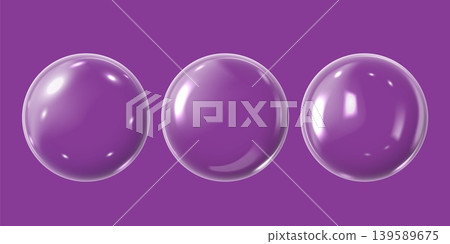 Realistic 3D glass balls with glares and highlights effect, vector glossy transparent volume sphere isolated on purple Realistic 3D glass balls with glares and highlights effect, vector glossy transparent volume sphere isolated on purple 139589675