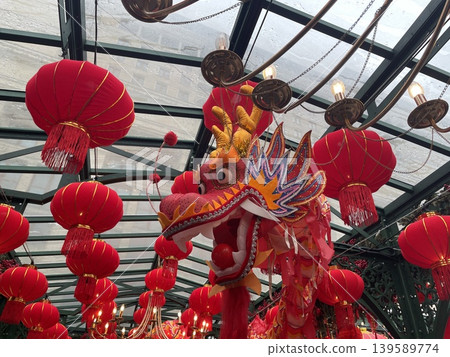 Chinese New Year dragon dance display with red lanterns in festive celebration setting Chinese New Year dragon dance display with red lanterns in festive celebration setting 139589774