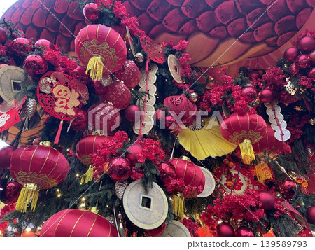Chinese New Year decorations with red lanterns and gold ornaments for festive celebration background Chinese New Year decorations with red lanterns and gold ornaments for festive celebration background 139589793