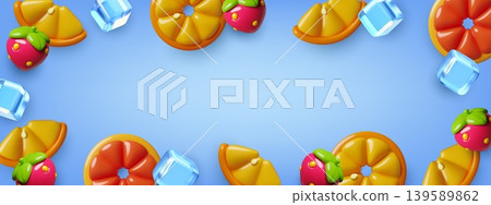 Summer background with 3d orange slices, strawberry and ice cubes frame with copy space Summer background with 3d orange slices, strawberry and ice cubes frame with copy space 139589862