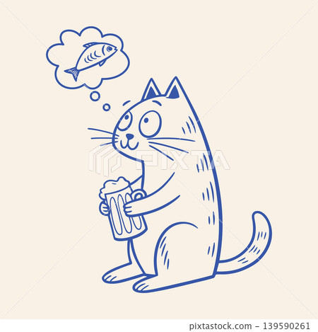 Cute cat dreaming of fish while holding a beer mug. Hand drawn blue sketch illustration. Cute cat dreaming of fish while holding a beer mug. Hand drawn blue sketch illustration. 139590261