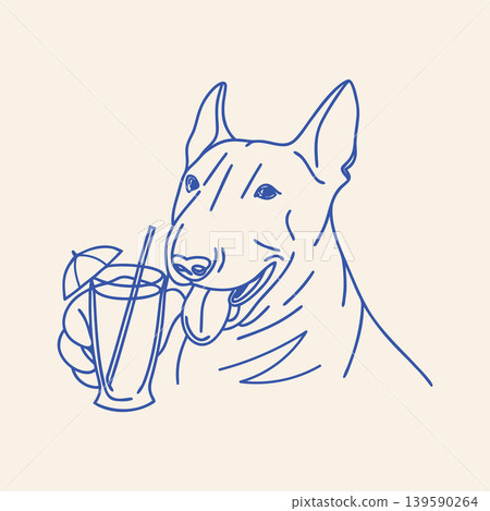 Bull Terrier Dog with Cocktail. Hand drawn blue sketch illustration. Bull Terrier Dog with Cocktail. Hand drawn blue sketch illustration. 139590264
