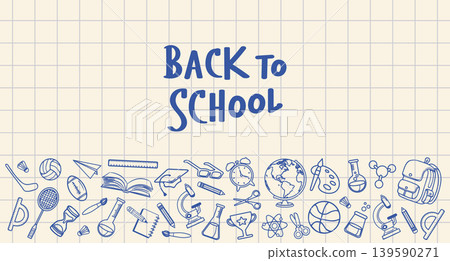 Back to School Banner with Hand Drawn School Doodle Education Icons on Grid Paper Background. Back to School Banner with Hand Drawn School Doodle Education Icons on Grid Paper Background. 139590271
