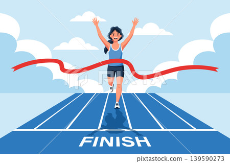 Woman Crossing Finish Line with Arms Raised in Victory. Sport illustration. Woman Crossing Finish Line with Arms Raised in Victory. Sport illustration. 139590273