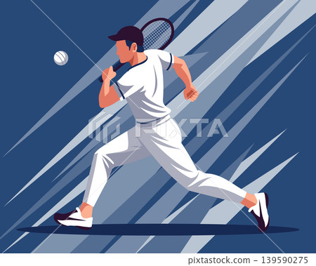 Tennis player in action. Male tennis player hitting ball. Sport illustration. Banner. Tennis player in action. Male tennis player hitting ball. Sport illustration. Banner. 139590275