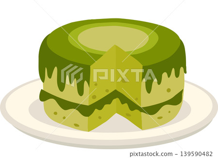 sliced matcha cake on plate. green tea cake sliced matcha cake on plate. green tea cake 139590482