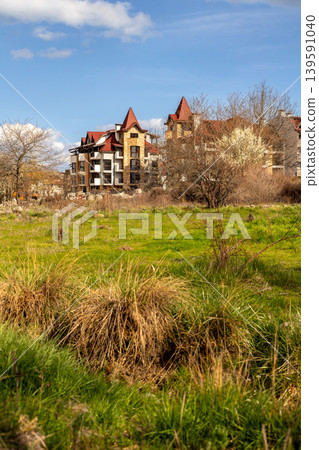 houses in bansko resort, bulgaria blooming trees houses in bansko resort, bulgaria blooming trees 139591040