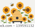 Illustration of a beehive surrounded by blooming sunflowers and cute flying bees. Minimalist apiary and honey production concept for organic products and nature design. 139591132