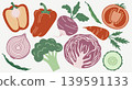 Illustration of a variety of fresh garden vegetables isolated on white. Minimalist icons of bell peppers, broccoli, red cabbage, tomatoes, and carrots 139591133