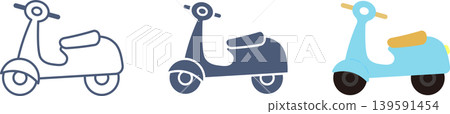 A set of illustrations of a retro scooter with its handlebars turned. A set of illustrations of a retro scooter with its handlebars turned. 139591454