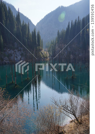 Kaindy Lake with submerged trees in Kazakhstan Kaindy Lake with submerged trees in Kazakhstan 139591456