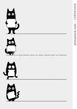 A vertical line illustration of a black cat holding a card, with a hand-drawn style gray background. A vertical line illustration of a black cat holding a card, with a hand-drawn style gray background. 139591458