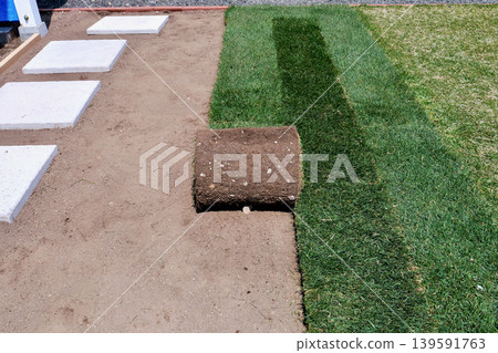 Lay rolled "Kentucky Bluegrass" turf in the garden, along the old lawn in the back right. 139591763