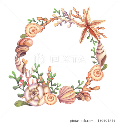 Seashells with a starfish and coral, isolated watercolor frame. Vibrant marine-themed wreath featuring hand drawn underwater animals and plants in beige colors for design, cards, and prints. Seashells with a starfish and coral, isolated watercolor frame. Vibrant marine-themed wreath featuring hand drawn underwater animals and plants in beige colors for design, cards, and prints. 139591814