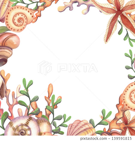 Seashells with a starfish and coral, watercolor square frame. Vibrant marine-themed composition featuring hand drawn underwater animals and plants in beige tones for design, cards, and prints. Seashells with a starfish and coral, watercolor square frame. Vibrant marine-themed composition featuring hand drawn underwater animals and plants in beige tones for design, cards, and prints. 139591815