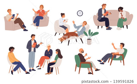 Cartoon characters at psychologists office. Psychoanalysis patients during group therapy. People talk to specialist about their problems. Individual counseling. Psychological vector set Cartoon characters at psychologists office. Psychoanalysis patients during group therapy. People talk to specialist about their problems. Individual counseling. Psychological vector set 139591826