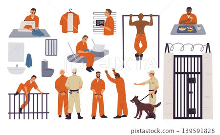 Cartoon characters in prison. Men in orange jumpsuits. Inmates serving their sentences. Warden and guard. Arrested lawbreakers mugshot. Jailhouse lattice. Convicted characters vector set Cartoon characters in prison. Men in orange jumpsuits. Inmates serving their sentences. Warden and guard. Arrested lawbreakers mugshot. Jailhouse lattice. Convicted characters vector set 139591828
