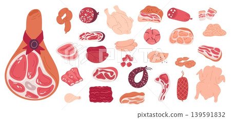 Cartoon style meat products. Natural farm products. Gourmet delicacies. Smoked sausages. Bacon and ham. Butcher shop. Fresh chicken or lamb. Raw tenderloin. Vector cooking ingredients set 139591832