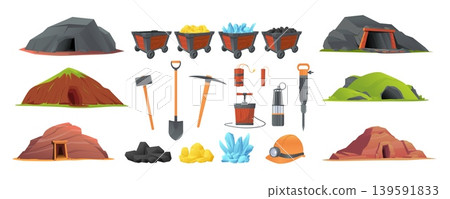 Cartoon style mining tools and wooden carts. Various miners equipment. Natural resources. Explosives with detonator. Tunnel entrance. Gold and coal in trolleys. Vector mine stuff vector set Cartoon style mining tools and wooden carts. Various miners equipment. Natural resources. Explosives with detonator. Tunnel entrance. Gold and coal in trolleys. Vector mine stuff vector set 139591833