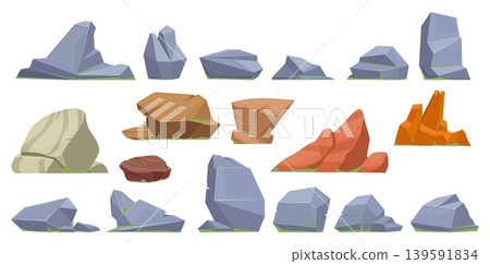Cartoon style rocks. Fragments of cliffs and mountains. Carious shapes and textures. Moss covered polygonal objects. Geological minerals. Rough cobblestone. Vector isolated cobbles set Cartoon style rocks. Fragments of cliffs and mountains. Carious shapes and textures. Moss covered polygonal objects. Geological minerals. Rough cobblestone. Vector isolated cobbles set 139591834