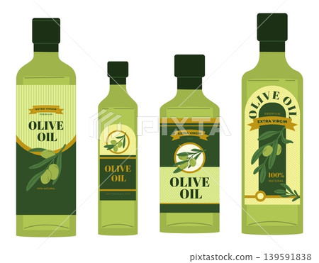 Glass bottles with olive oil. Organic oily product. Containers with label design. Italian culinary. Mediterranean kitchen. Vegetarian cooking ingredient. Vector isolated natural food set Glass bottles with olive oil. Organic oily product. Containers with label design. Italian culinary. Mediterranean kitchen. Vegetarian cooking ingredient. Vector isolated natural food set 139591838