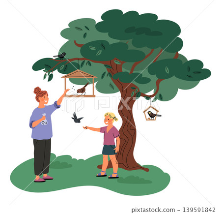 Happy mom and daughter feeding birds. Girls pouring grain into tree feeder. Food for park sparrows. People care about flying animals. Kid and parent giving crumbs. Garish vector concept Happy mom and daughter feeding birds. Girls pouring grain into tree feeder. Food for park sparrows. People care about flying animals. Kid and parent giving crumbs. Garish vector concept 139591842