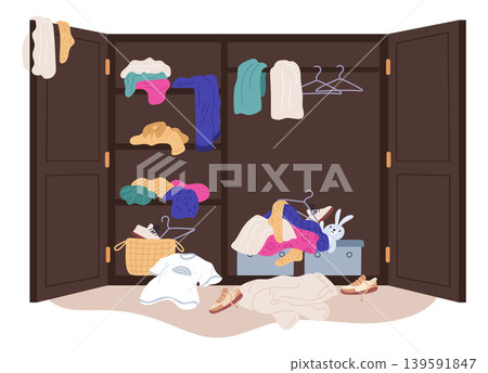 Messy clothes in wardrobe. Chaos in cabinet for clothing. Room disorder. Opened wooden closet. Garments storage. Cupboard clutter. Untidy wrinkled shirts on racks. Garish vector concept 139591847