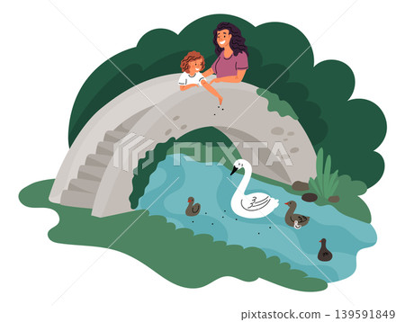 People feed birds. Happy parent and kid pour grains to swans and ducks. Park pond with birdies. Persons give crumbs to water animals from bridge. Mother with child. Garish vector concept 139591849
