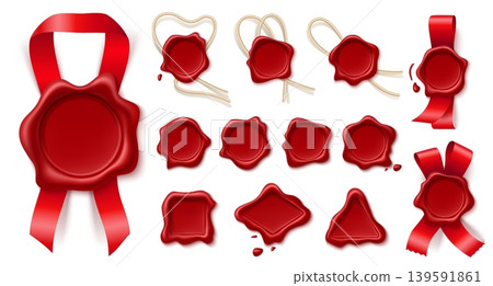 Red wax post seals with ribbons. Realistic certificate impressions with satin tape and twine. Blank postage labels with imprints. Quality warranty. Mail guarantee stamps vector isolated set 139591861