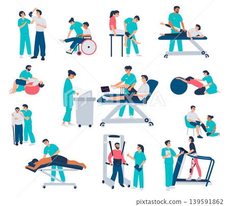 Rehabilitation under supervision of physical therapists. Patients restore joint and limb mobility and build muscle mass. Disability treatment. Massage and training. Medical vector set Rehabilitation under supervision of physical therapists. Patients restore joint and limb mobility and build muscle mass. Disability treatment. Massage and training. Medical vector set 139591862