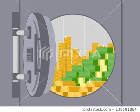 Secure bank vault containing gold bars, paper currency, and golden coins. Metal safebox with combination lock. Wealth safety storing. Vector concept for protection and storage of funds 139591864