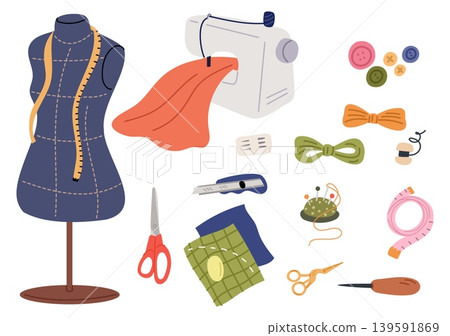 Sewing or embroidery tools. Sew machine. Needlework artisan. Tailor scissors. Dressmaking mannequin. Thread and button. Tailoring DIY accessory. Creative workshop vector elements set 139591869