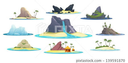 Southern and northern sea islands. Nature landscape with palm trees and waterfalls. Sand seashore. Polar iceberg. Uninhabited ocean coast. Summer bungalow. Vector wild seaside sceneries set 139591870