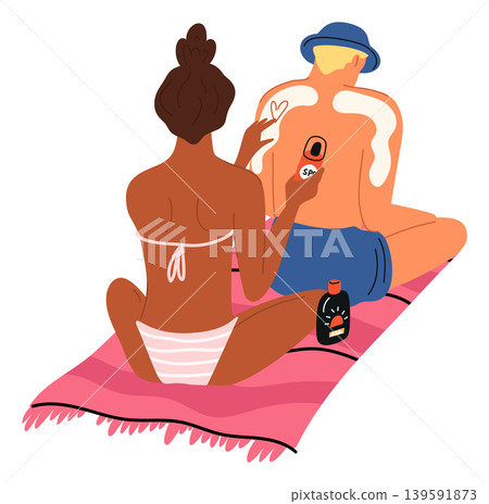 Sun protection. Family sunbathing on summer beach. People smear sunscreen themselves. UV protecting skincare cream. Couple apply sunblock SPF lotion. Sunbathe on mat. Garish vector concept Sun protection. Family sunbathing on summer beach. People smear sunscreen themselves. UV protecting skincare cream. Couple apply sunblock SPF lotion. Sunbathe on mat. Garish vector concept 139591873