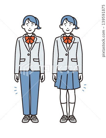 簡筆畫:女學生身穿制服(包括長褲和裙子)的全身像。向量圖。 簡筆畫:女學生身穿制服(包括長褲和裙子)的全身像。向量圖。 139591875