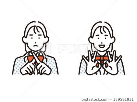 簡單插圖:一名女學生做出「X」和「OK」手勢的圖像(向量圖)。 簡單插圖:一名女學生做出「X」和「OK」手勢的圖像(向量圖)。 139591931