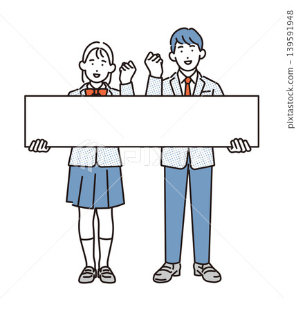 Simple illustration: Full-body image of a student holding a board with a victory pose (vector illustration) Simple illustration: Full-body image of a student holding a board with a victory pose (vector illustration) 139591948