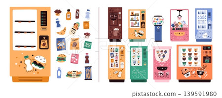 Vending machines selling snacks. Fastfood purchase. Water bottle, sweets and toys. Gashapon automat. Electronic devices with food and beverages. Automatic retail equipment vector set Vending machines selling snacks. Fastfood purchase. Water bottle, sweets and toys. Gashapon automat. Electronic devices with food and beverages. Automatic retail equipment vector set 139591980