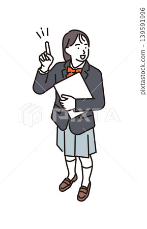 簡圖：一位女學生正在講解某個觀點的全身像。向量圖。 139591996