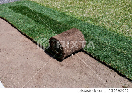 Lay rolled "Kentucky Bluegrass" turf in the garden, along the old lawn in the back right. Lay rolled "Kentucky Bluegrass" turf in the garden, along the old lawn in the back right. 139592022
