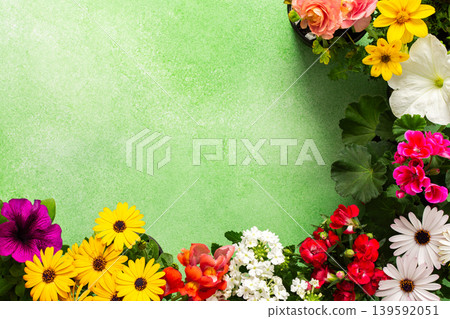 Bright flowers adorn a balcony or terrace, bringing vibrant colors to the space. This spring decoration highlights the joy of nature, inviting warmth and cheer into the environment 139592051